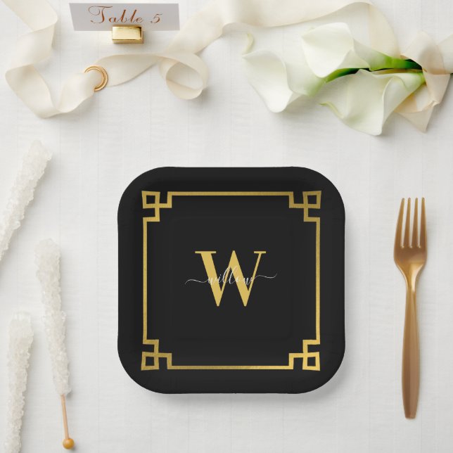 Black & Gold Greek Key Monogrammed   Paper Plates (Wedding)