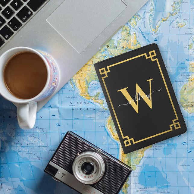 Black & Gold Greek Key Monogrammed   Passport Holder (Black & Gold Greek Key Monogrammed Passport Holder)