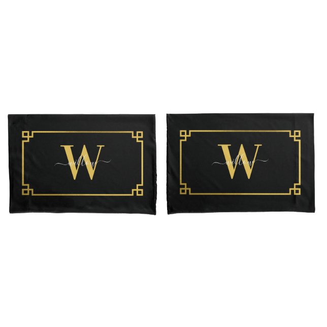 Black & Gold Greek Key Monogrammed  Pillow Case (Front-Set)