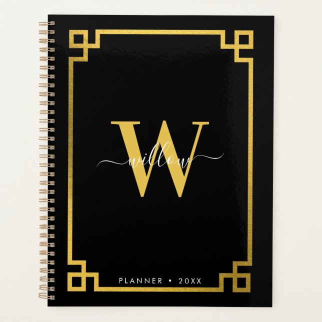 Black & Gold Greek Key Monogrammed Planner (Front)