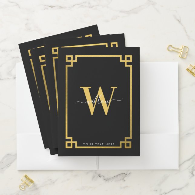 Black & Gold Greek Key Monogrammed Pocket Folder (In Situ)