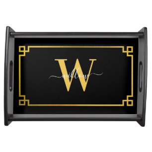 Black & Gold Greek Key Monogrammed Serving Tray