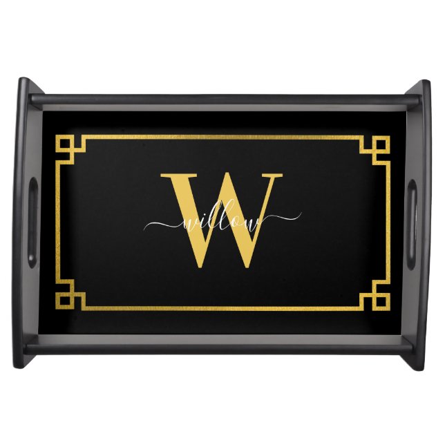 Black & Gold Greek Key Monogrammed  Serving Tray (Front)