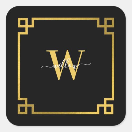 Black  Gold Greek Key Monogrammed Square Sticker