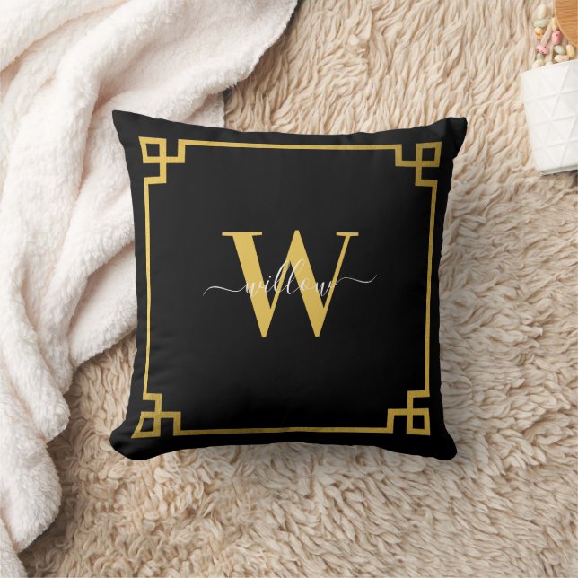 Black & Gold Greek Key Monogrammed Throw Pillow (Blanket)