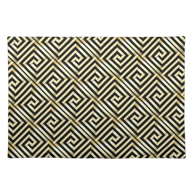 Black, gold Greek key pattern Cloth Placemat (Front)