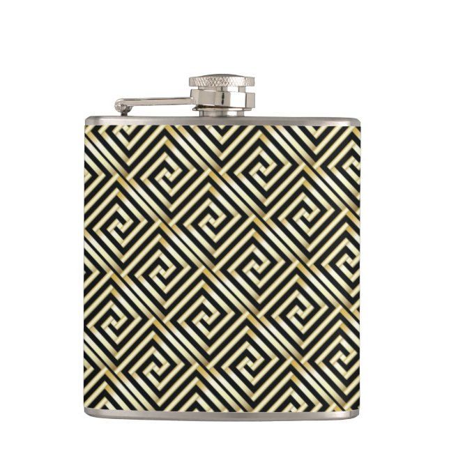 Black, gold Greek key pattern Flask (Front)