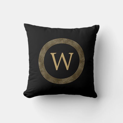 Black Gold Greek Key Round Frame Monogram Throw Pillow