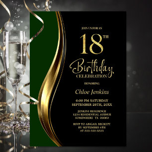 Black Gold Green 18th Birthday Party Invitation