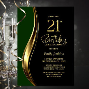 Black Gold Green 21st Birthday Party Invitation