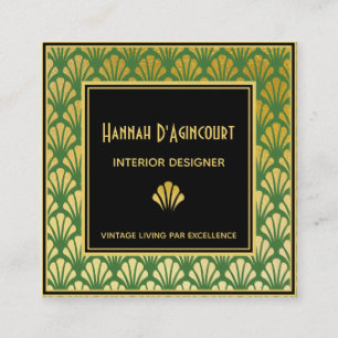 Black, Gold, Green Art Deco Fans Pattern Chic Square Business Card