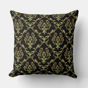 Black, Gold & Green Glitter Floral Damasks Throw Pillow