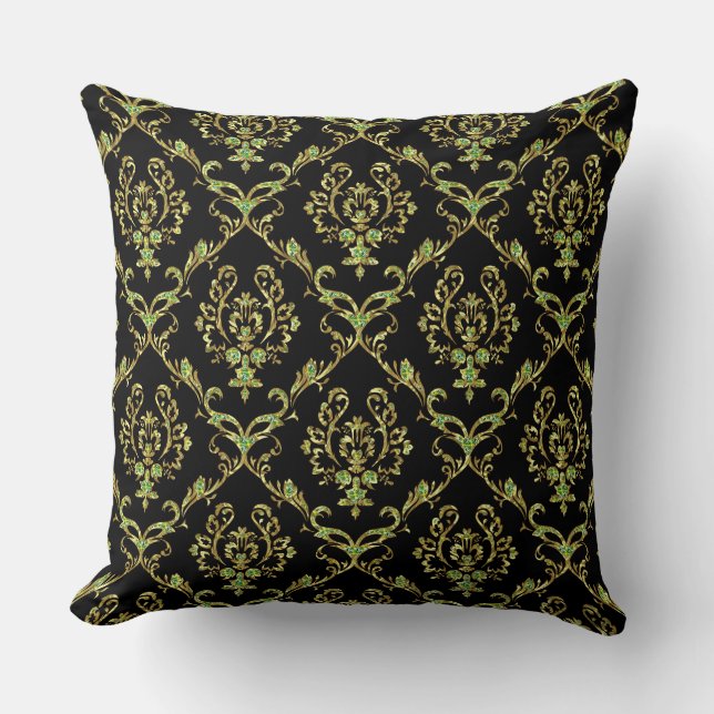 Black, Gold & Green Glitter Floral Damasks Throw Pillow (Front)