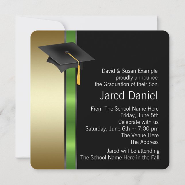 Black Gold Green Photo Graduation Announcemen Invitation (Back)