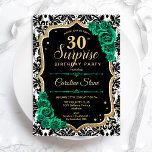 Black Gold Green Roses Surprise 30th Birthday Invitation<br><div class="desc">Surprise 30th Birthday Party Invitation. Feminine black, white and emerald green design with faux glitter gold. Features black and white lace damask pattern, roses, script font and confetti. Perfect for an elegant women's bday celebration. Can be personalized to show any age. Printed Zazzle invitations or instant download digital printable template....</div>