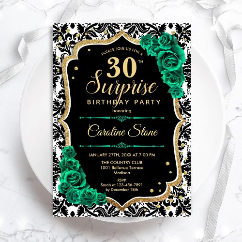 Black Gold Green Roses Surprise 30th Birthday Invitation