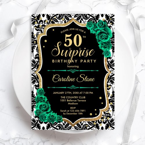 Black Gold Green Roses Surprise 50th Birthday Invitation