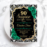 Black Gold Green Roses Surprise 90th Birthday Invitation<br><div class="desc">Surprise 90th Birthday Party Invitation. Feminine black, white and emerald green design with faux glitter gold. Features black and white lace damask pattern, roses, script font and confetti. Perfect for an elegant women's bday celebration. Can be personalized to show any age. Printed Zazzle invitations or instant download digital printable template....</div>