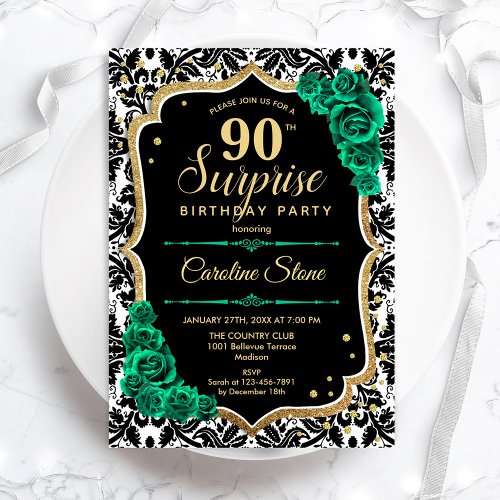 Black Gold Green Roses Surprise 90th Birthday Invitation