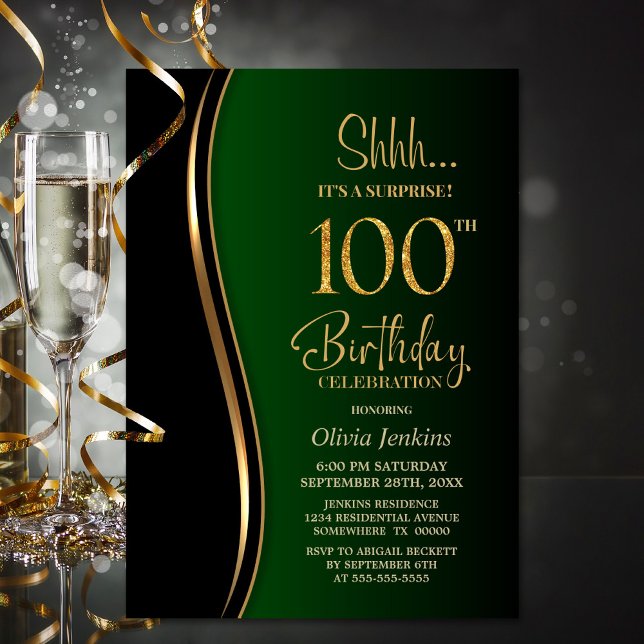 Black Gold Green Surprise 100th Birthday Invitation (Creator Uploaded)
