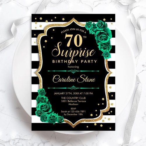 Black Gold Green Surprise 70th Birthday Invitation