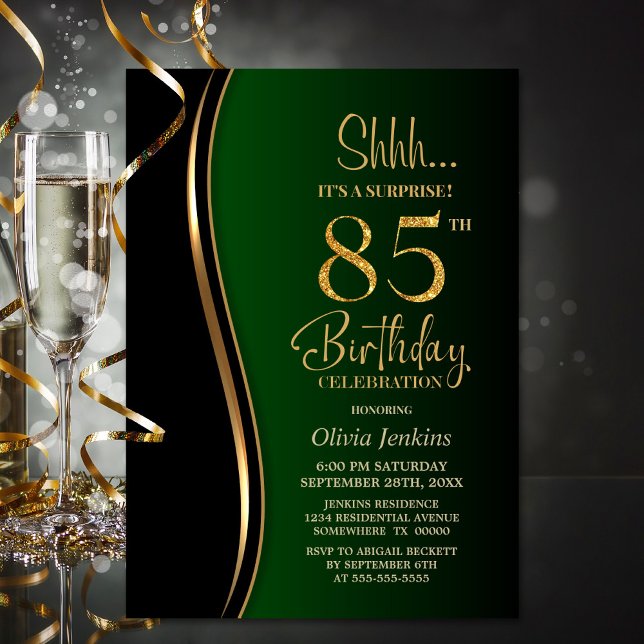 Black Gold Green Surprise 85th Birthday Invitation (Creator Uploaded)