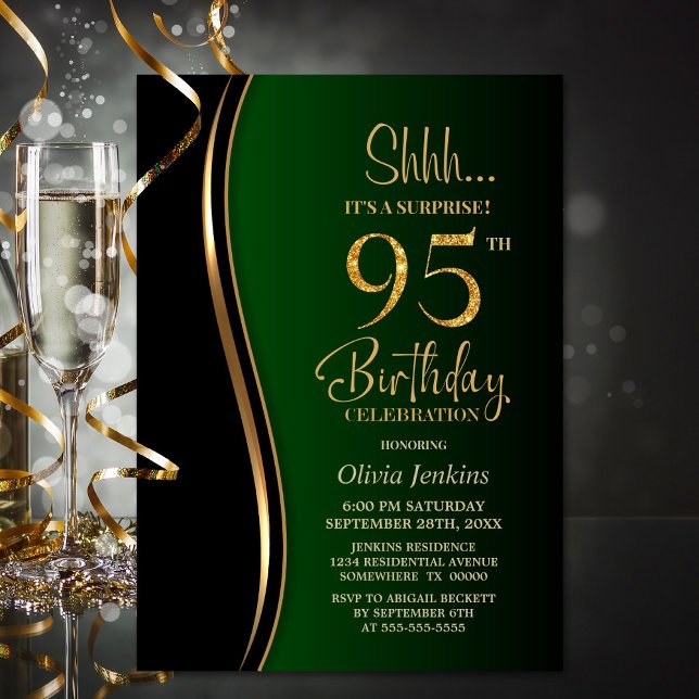 Black Gold Green Surprise 95th Birthday Invitation (Creator Uploaded)