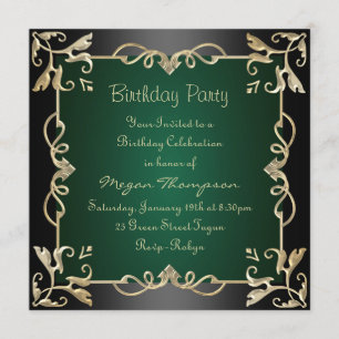 Black/Gold & Green Swirl Birthday Invitation