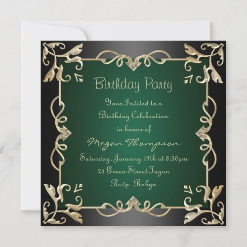 BlackGold  Green Swirl Birthday Invitation