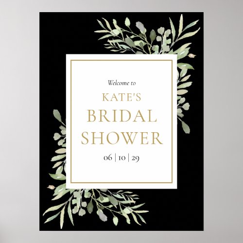 Black Gold Greenery Bridal Shower Welcome Poster