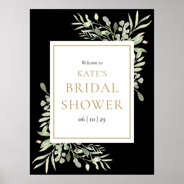 Black Gold Greenery Bridal Shower Welcome Poster (Front)