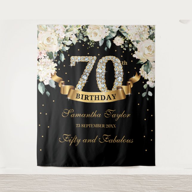 Black Gold Greenery Floral 70th birthday backdrop (Front)