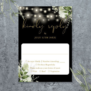 Black Gold Greenery Floral String Lights Wedding RSVP Card