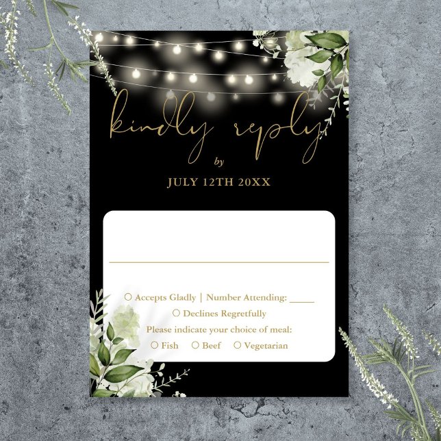 Black Gold Greenery Floral String Lights Wedding RSVP Card (Black Gold Greenery Floral String Lights Wedding RSVP Card)