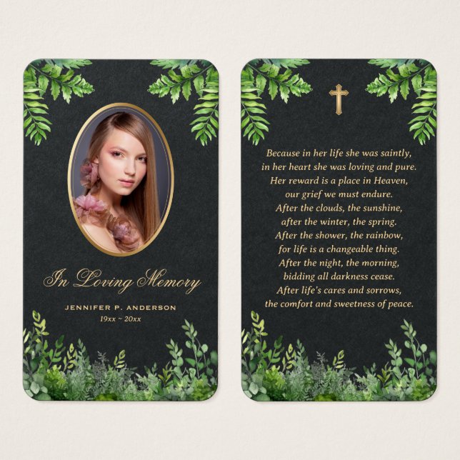 Black Gold Greenery Photo Memorial Prayer Cards (Front & Back)
