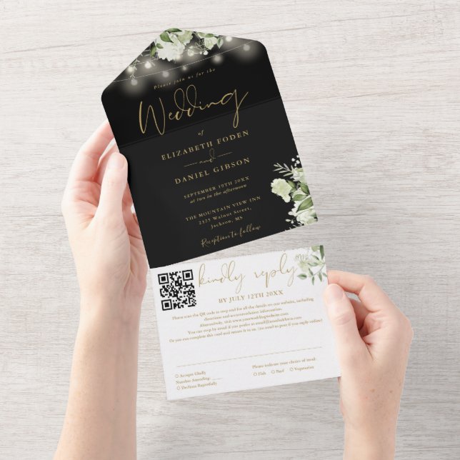 Black Gold Greenery String Lights QR Code Wedding All In One Invitation (Tearaway)