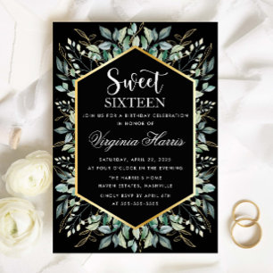 Black Gold Greenery Sweet Sixteen 16 Birthday Invitation