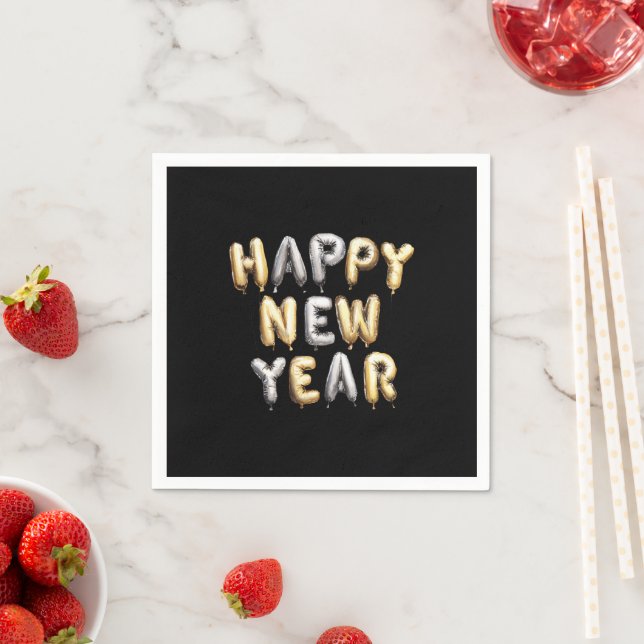 Black Gold Grey Happy New Year Napkins (Insitu)