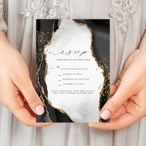 Black Gold  Grey Mist Agate Wedding RSVP Invitation