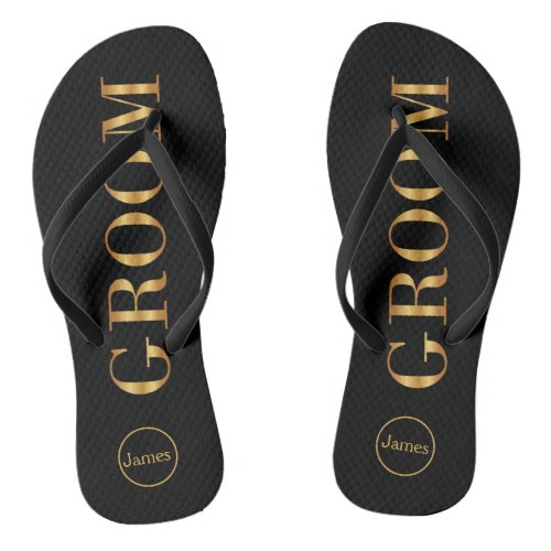 Black gold groom Wedding Bridal Party Groom  Flip Flops