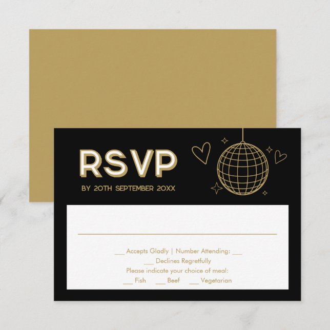 Black Gold Groovy Wedding Meal Choice RSVP Card (Front/Back)