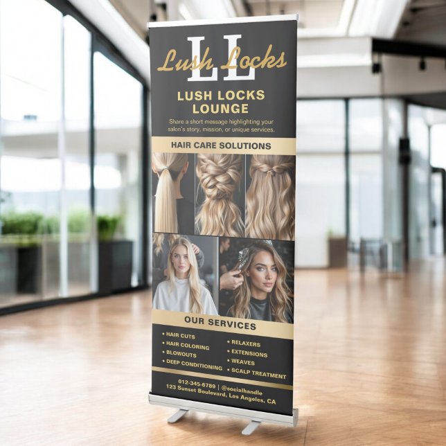 Black Gold Hair Salon Monogram Photo Collage Retractable Banner (Creator Uploaded)