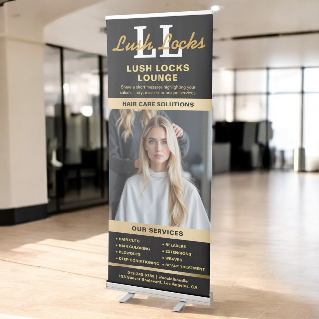Black Gold Hair Salon Monogram Photo Monogram Retractable Banner (Creator Uploaded)
