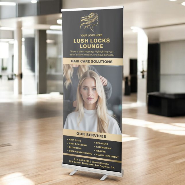 Black Gold Hair Salon Services Photo Collage Logo Retractable Banner (Creator Uploaded)