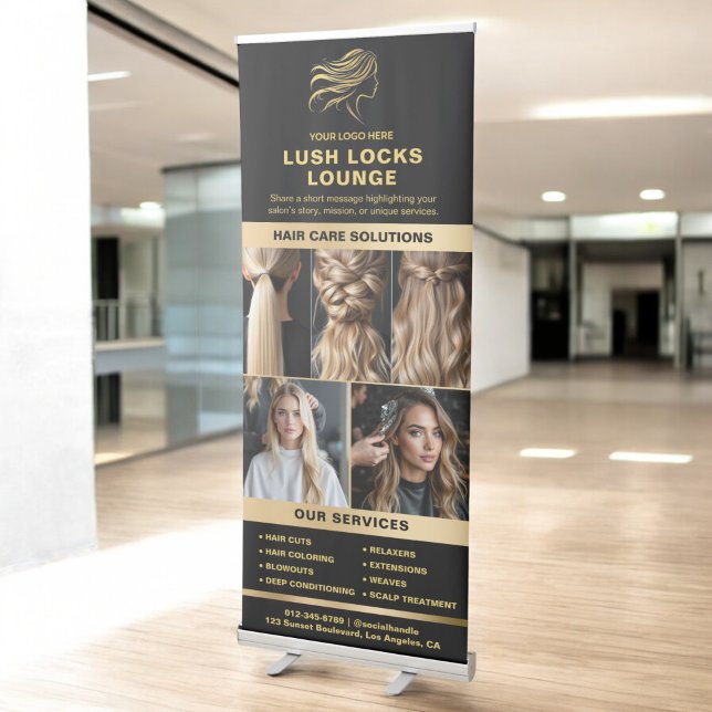 Black Gold Hair Salon Services Photo Collage Logo Retractable Banner (Creator Uploaded)