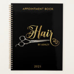 Black & Gold  Hairstylist Salon Name Planner<br><div class="desc">Black & Gold Hairstylist Salon Name Black Appointment book . Design Features Calligraphy ''Hair'' in gold color ,  pair of silver hairdressers scissors on a black background. Personalize with a name or salon name.</div>