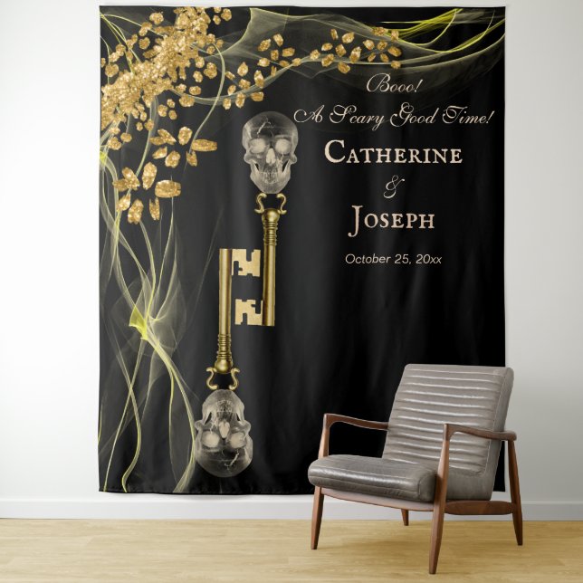 Black Gold Halloween Wedding & Gold Skull Keys Tapestry (In Situ)