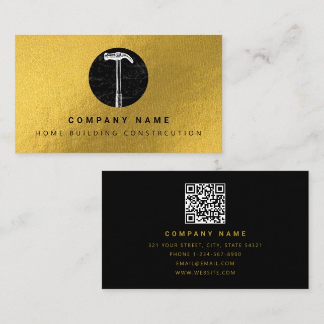 Black Gold Hammer Home Building Construction Business Card (Front/Back)