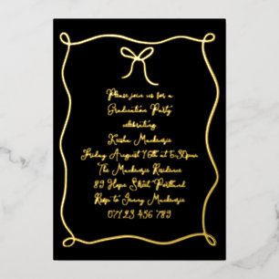 Black & Gold Hand Drawn Bow Photo Graduation Party Foil Invitation