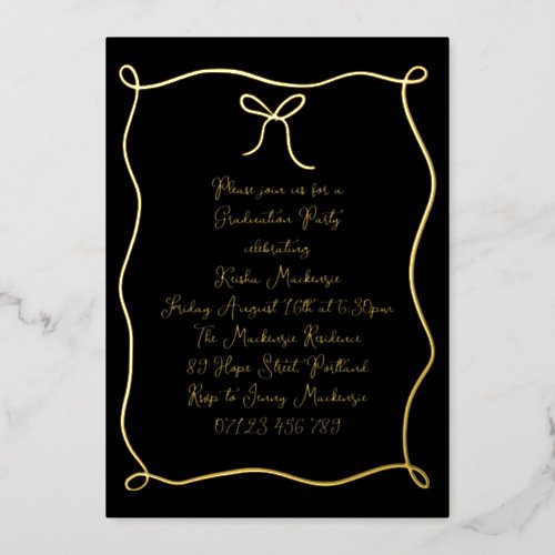 Black  Gold Hand Drawn Bow Photo Graduation Party Foil Invitation